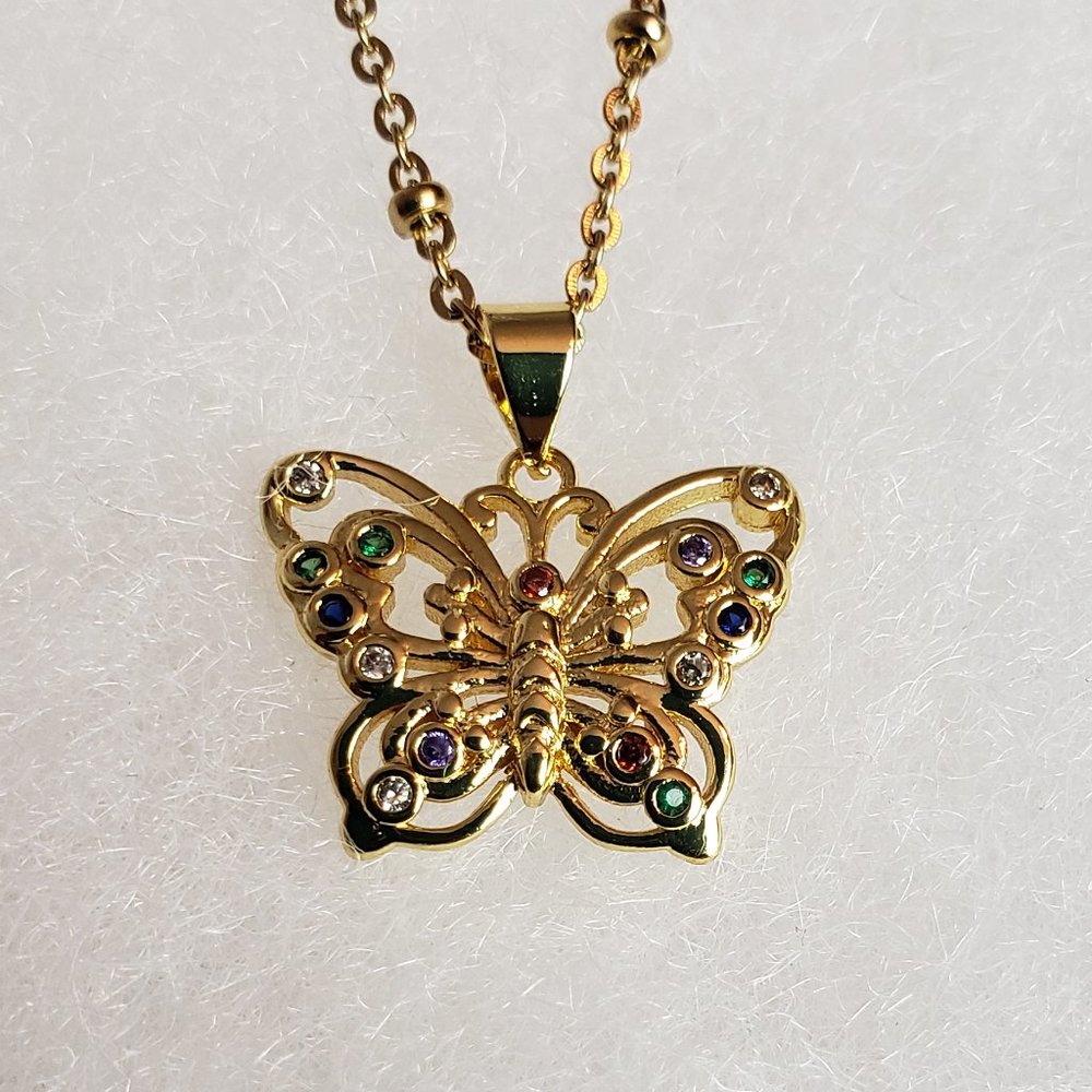 2/25$ nwot 18k gold colorful cubic zirconia butterfly pendant